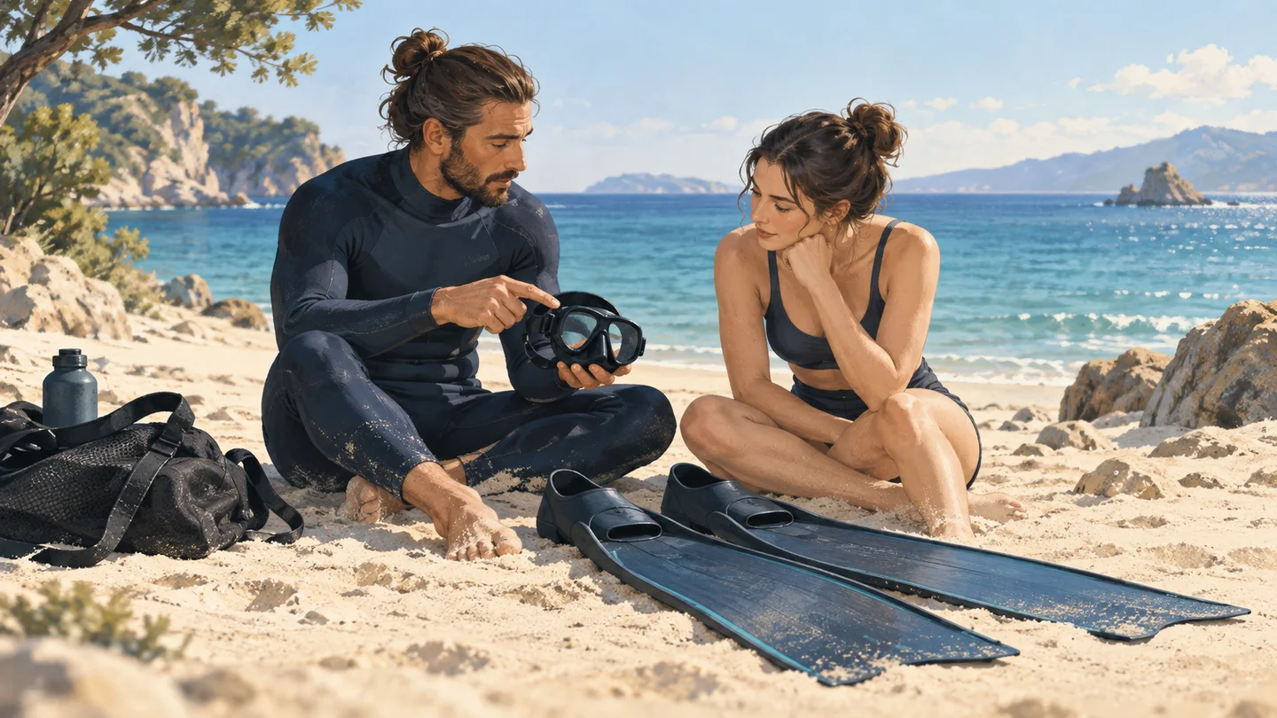 Illustration of an instructor and beginner discussing equipment on a beach.