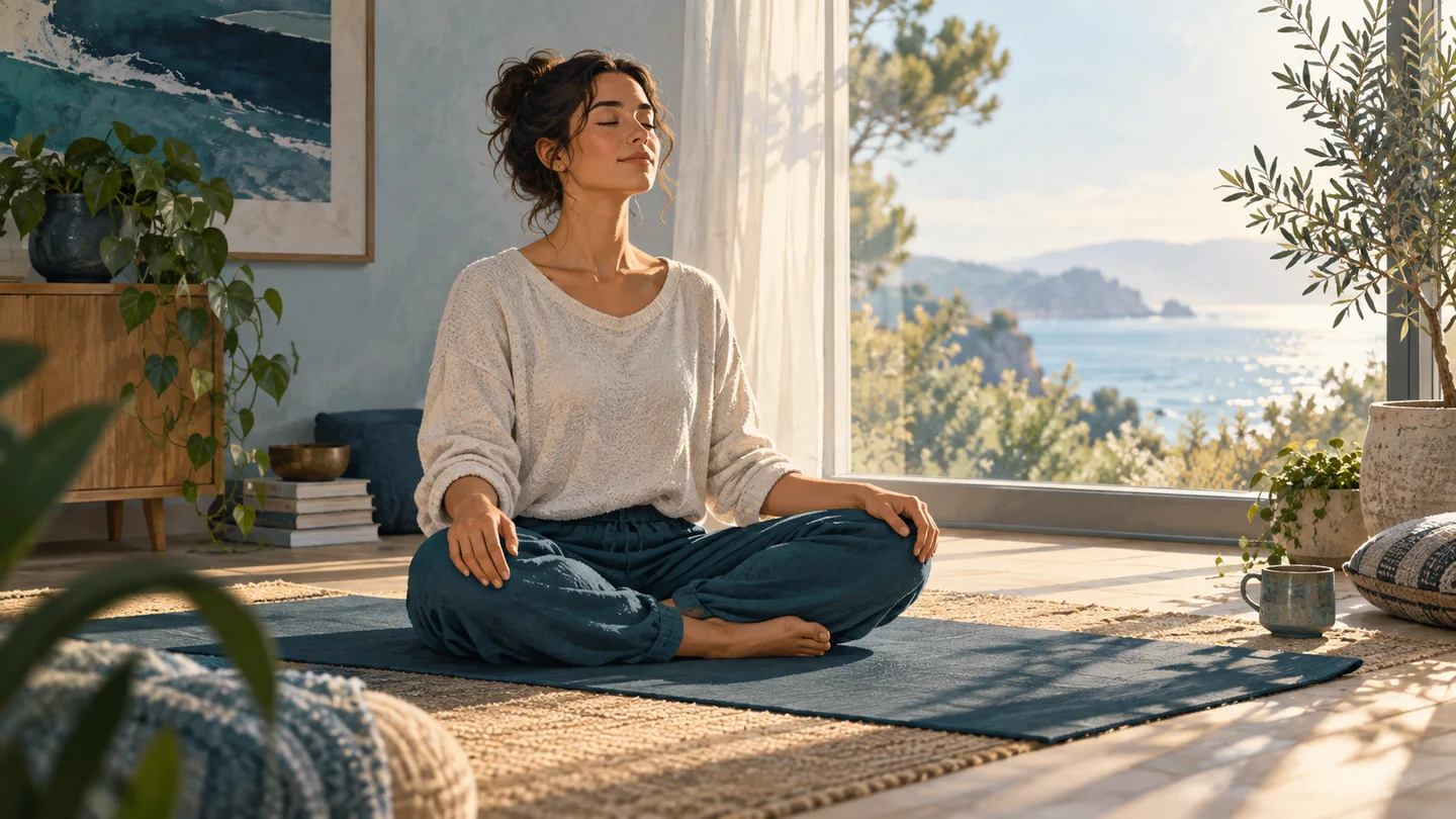 Illustration of a woman seated on a mat beside a sunlit window.