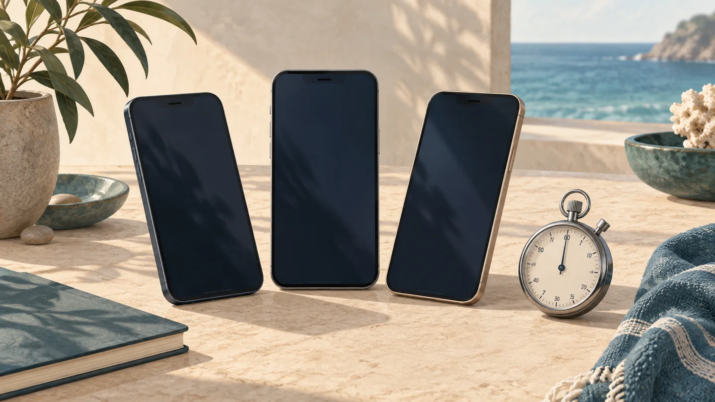 Illustration of three phones with blank screens beside a stopwatch.