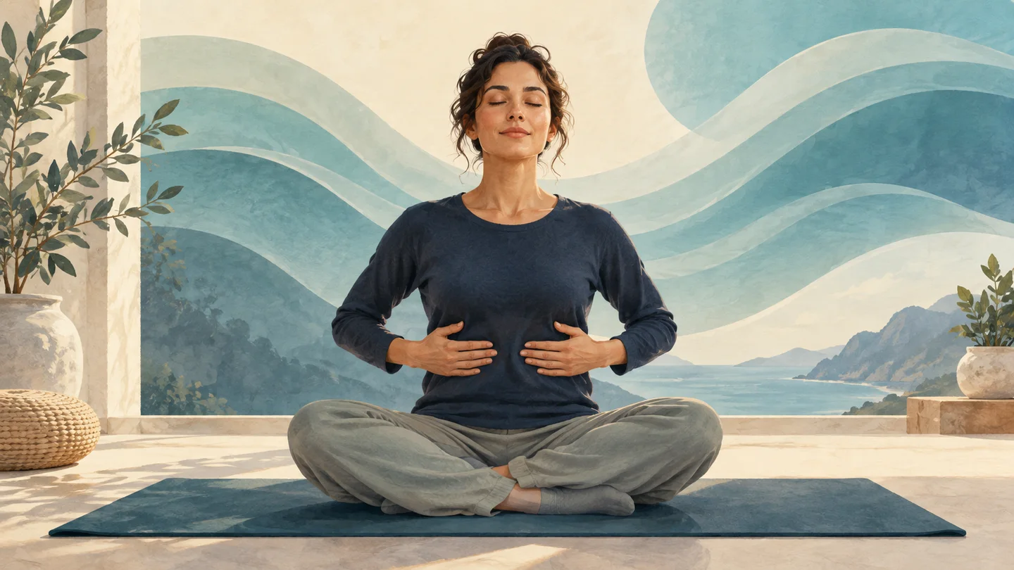 Illustration of a seated woman with her hands resting near her lower ribs.