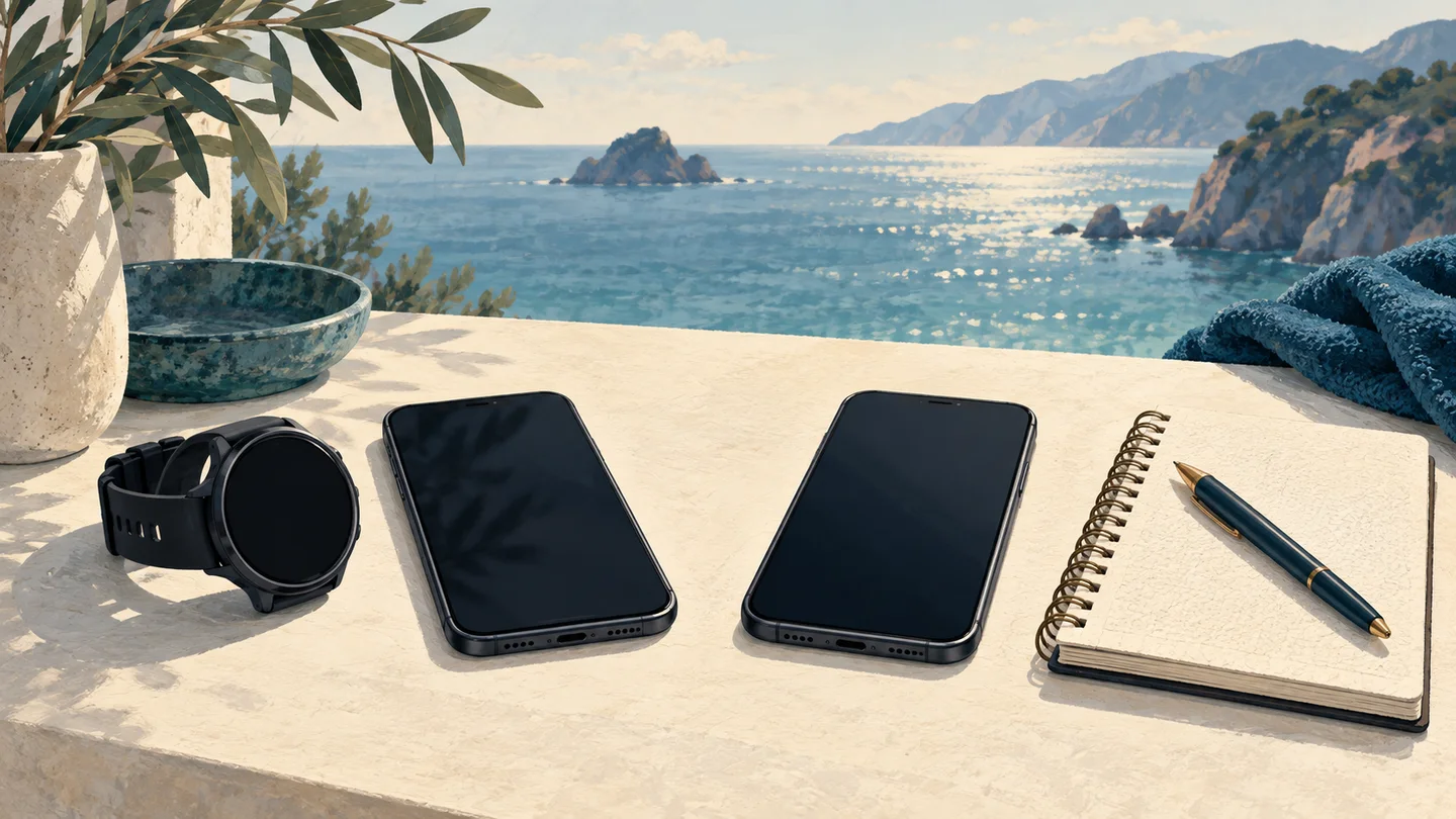 Illustration of two blank-screen phones, a watch and a training notebook.