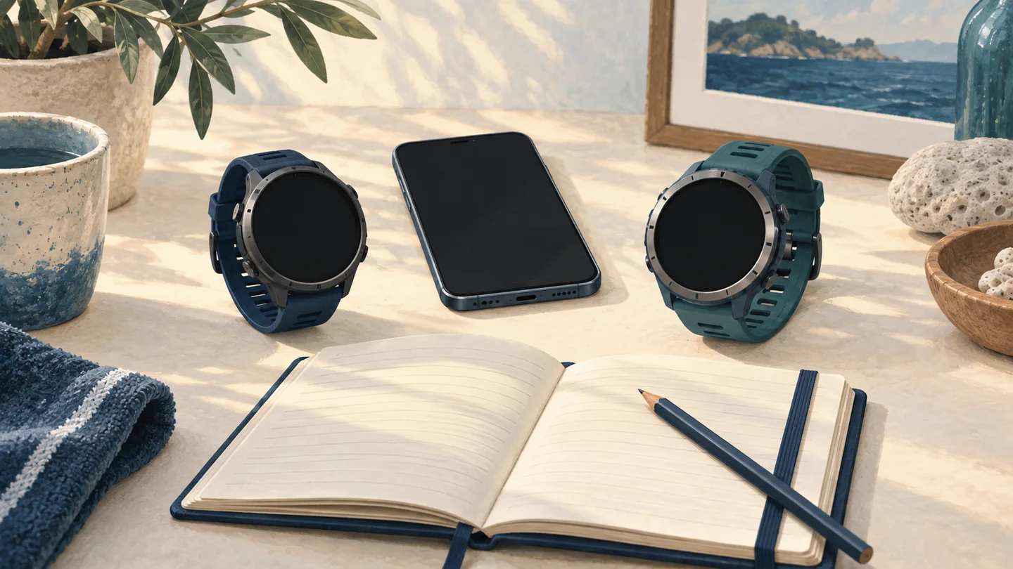 Illustration of a blank-screen phone and two sports watches beside a notebook.