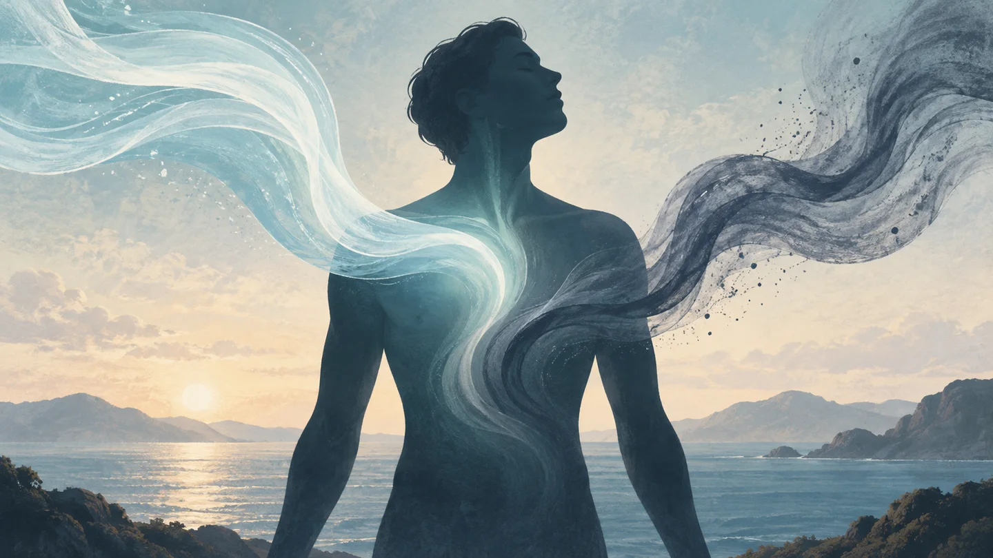 Conceptual illustration of a torso silhouette surrounded by two flowing streams.