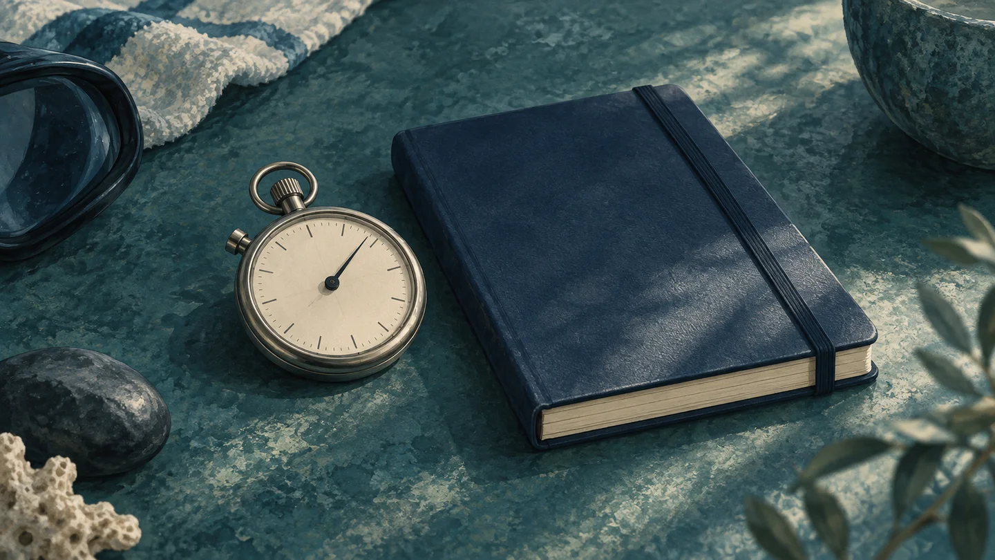Illustration of an analog stopwatch beside a closed training notebook.