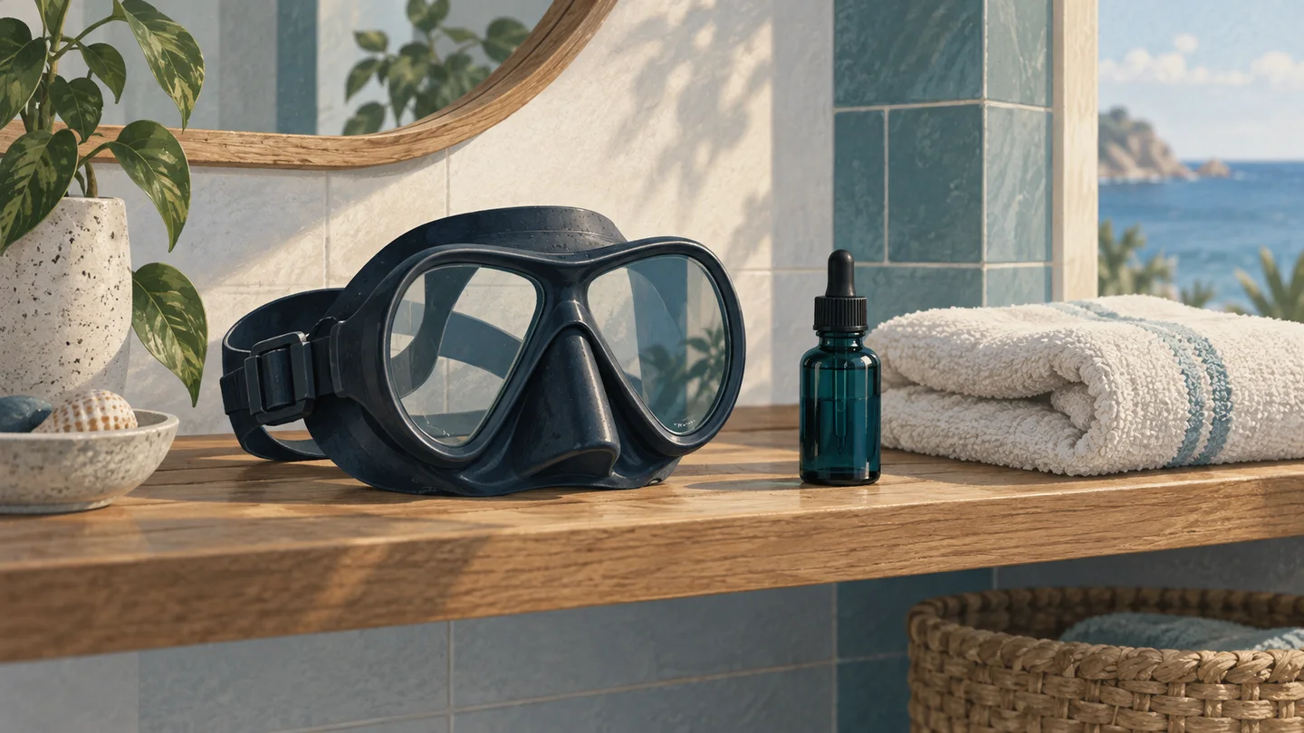 Illustration of a diving mask, clean towel and closed dropper bottle on a shelf.
