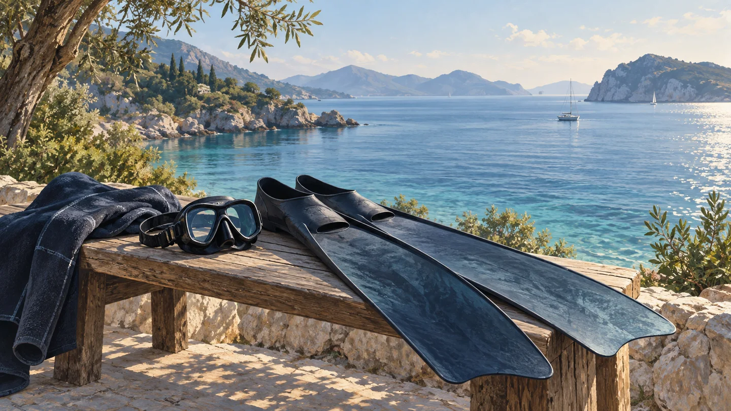 Illustration of a mask and long fins on a dry bench overlooking a bay.