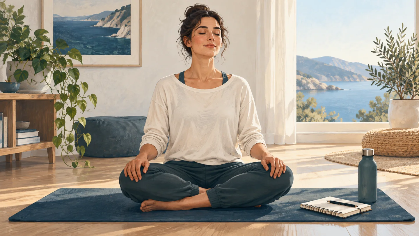Illustration of a beginner seated comfortably on a dry exercise mat.