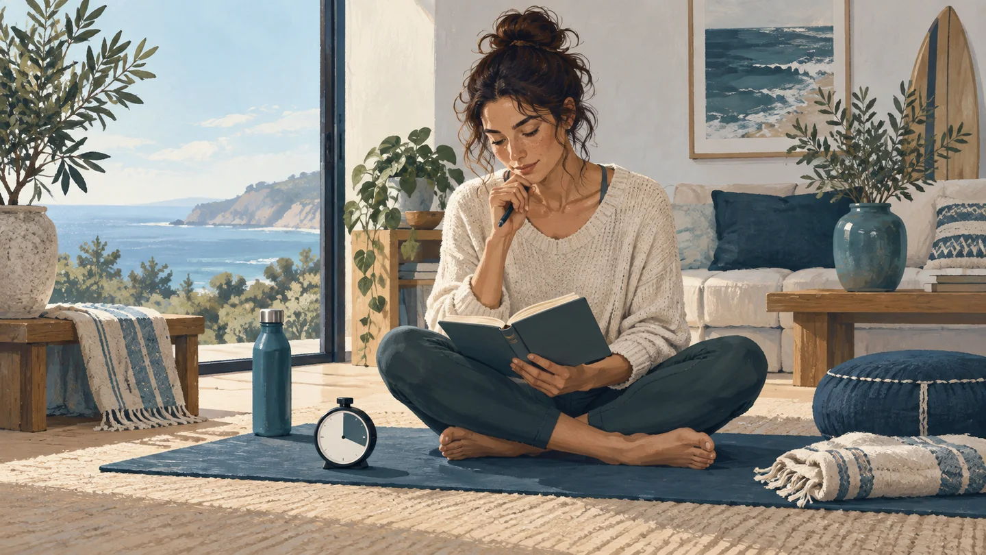 Illustration of a seated woman reviewing a training notebook beside a timer.