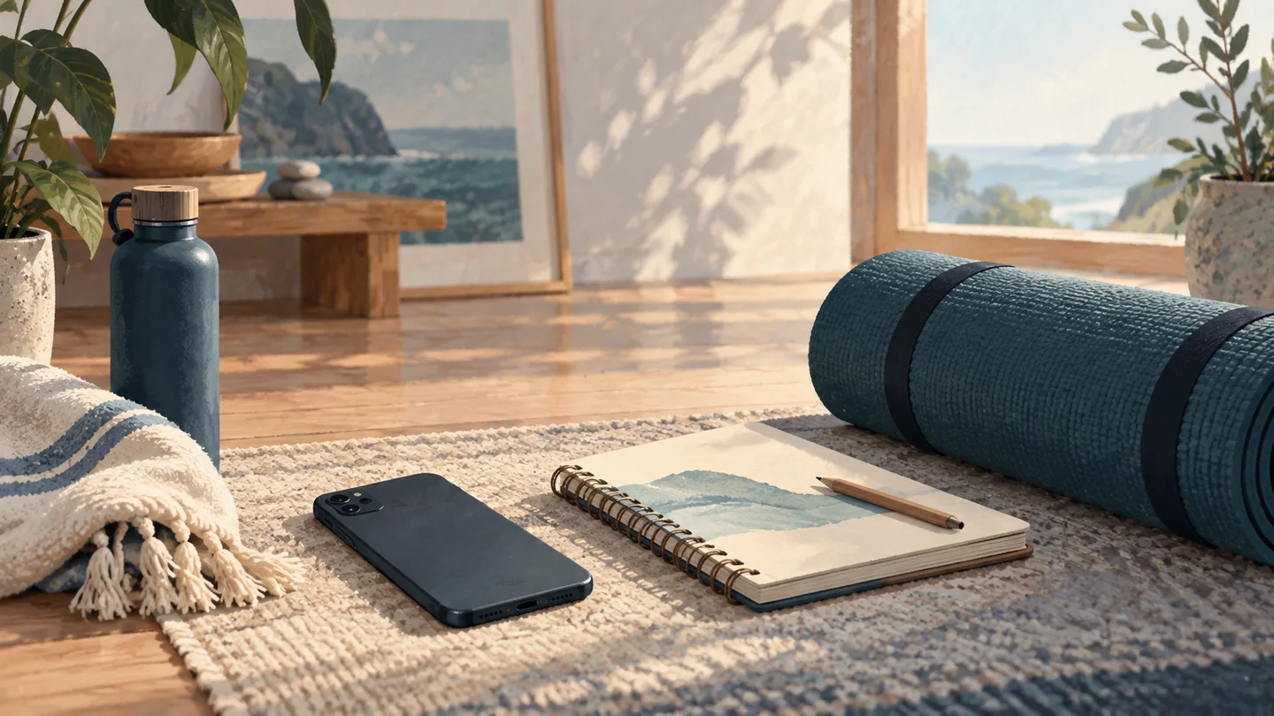Illustration of a phone, notebook and rolled exercise mat in a dry room.