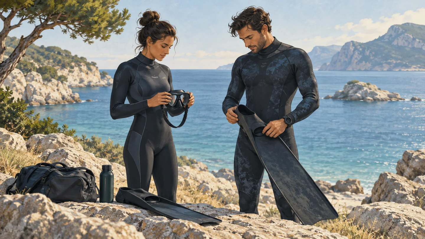 Illustration of two freedivers checking equipment together on dry shore.