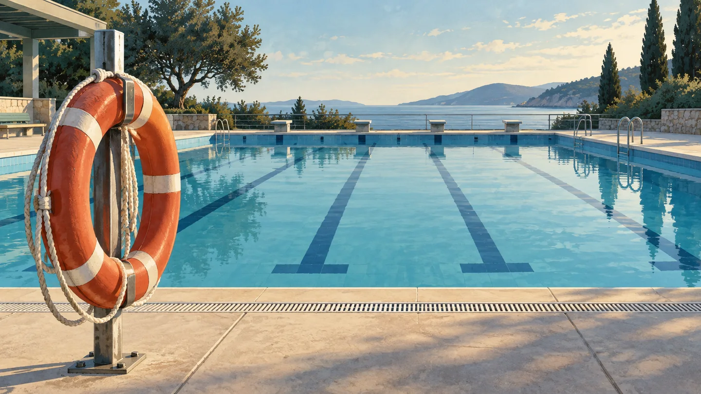 Illustration of a rescue ring beside an empty outdoor swimming pool.