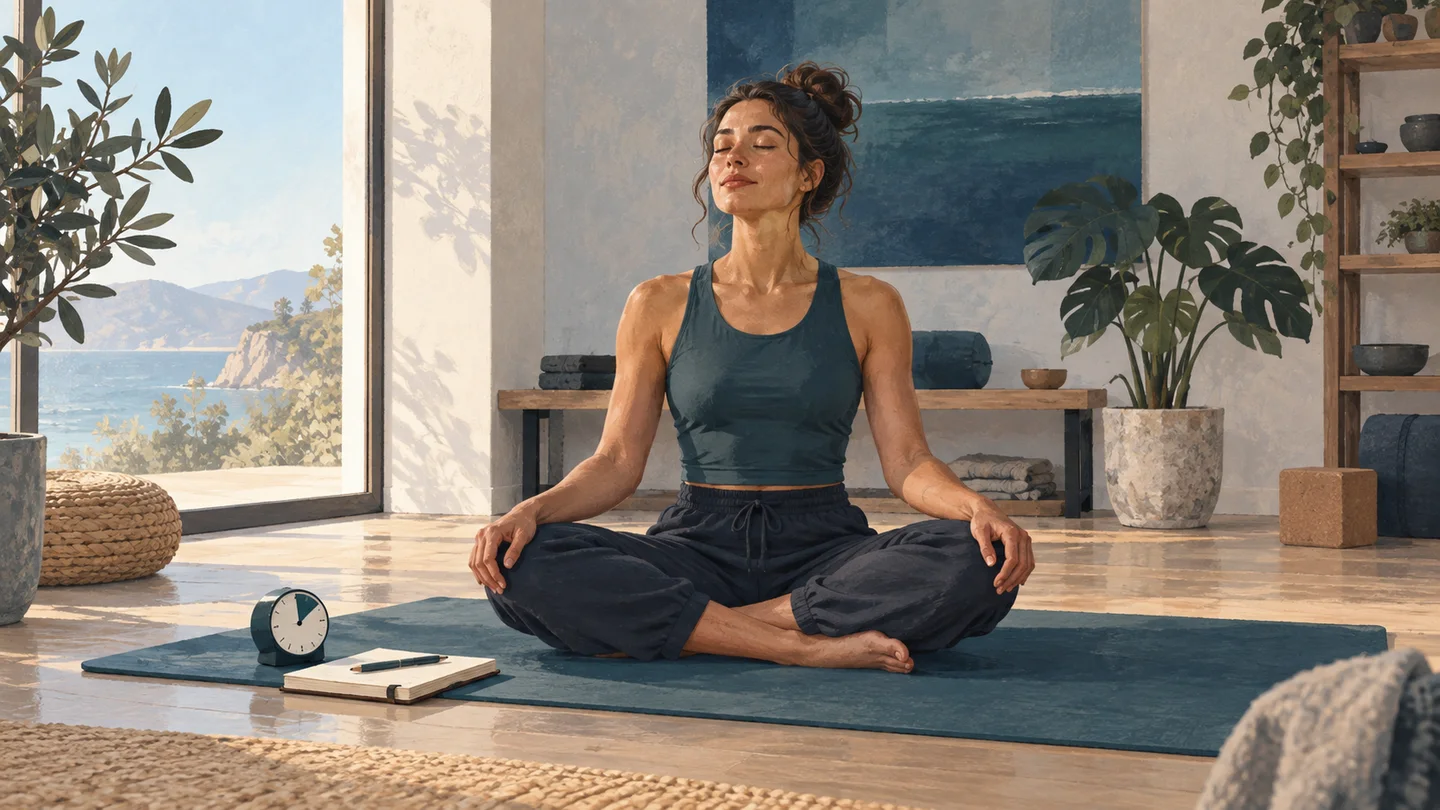 Illustration of a woman seated on a dry exercise mat with a timer nearby.